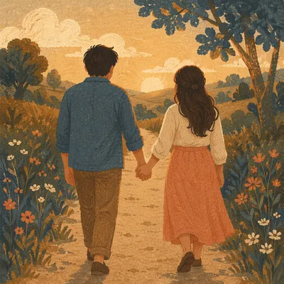 Romantic Couple Walking Countryside Path