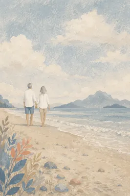 Mature Couple Walking Hand in Hand on Beach