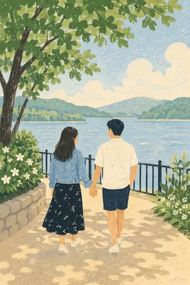 Romantic Couple Walking by Sunlit Lake