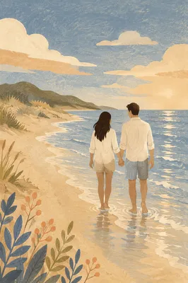 Romantic Beach Walk Holding Hands