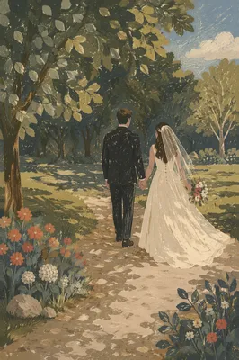 Newlywed Couple Walking Through Leafy Park