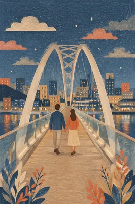 Romantic Couple Walking Across Evening Bridge