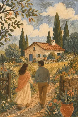 Romantic Couple Walking Toward Garden Cottage