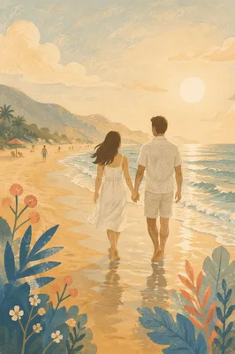 Romantic Couple Walking Along Golden Shoreline