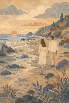 Romantic Couple Walking Along Quiet Shoreline