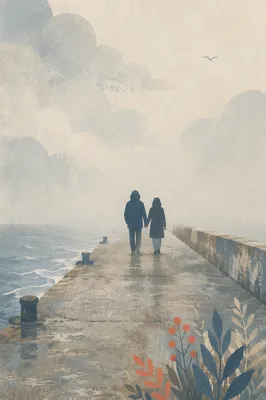 Romantic Couple Walking Through Foggy Seaside Pier