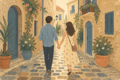 Romantic Couple Walking Through Cobblestone Alley