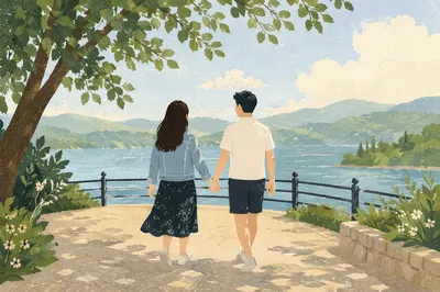 Romantic Couple Walking by Sunlit Lake