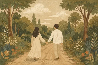 Romantic Couple Walking Hand in Hand