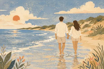 Romantic Couple Walking Hand in Hand on Beach
