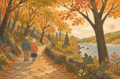 Mature Couple Walking Autumn Forest Path