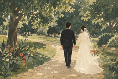 Newlyweds Walking Hand in Hand Through Park