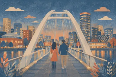 Romantic Couple Walking on Blue Hour Bridge