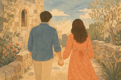 Couple Holding Hands by Chapel Garden