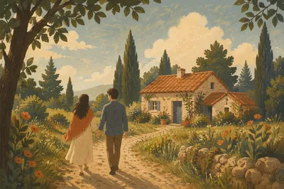 Romantic Couple Walking Garden Path