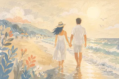 Romantic Couple Walking Along Peaceful Shoreline