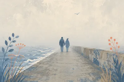 Foggy Seaside Couple Walking Hand in Hand