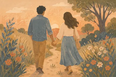 Couple Holding Hands on Countryside Path