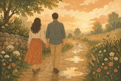Romantic Couple Walking Hand in Hand