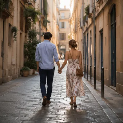 Romantic Couple Walking Through Cobblestone Alley