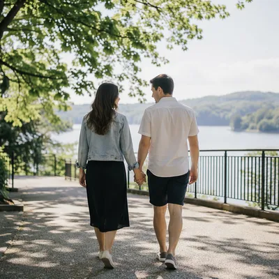 Romantic Couple Walking by Sunlit Lake