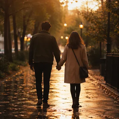 Romantic Couple Walking Hand in Hand