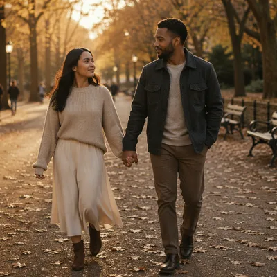 Romantic Couple Walking in Autumn Park