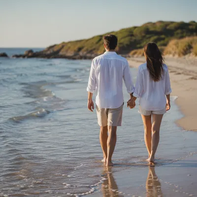 Romantic Couple Walking Hand in Hand on Beach