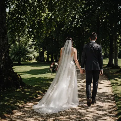 Newlyweds Walking Hand in Hand Through Park