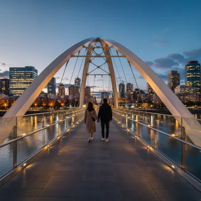 Romantic Couple Walking Across Blue Hour Bridge