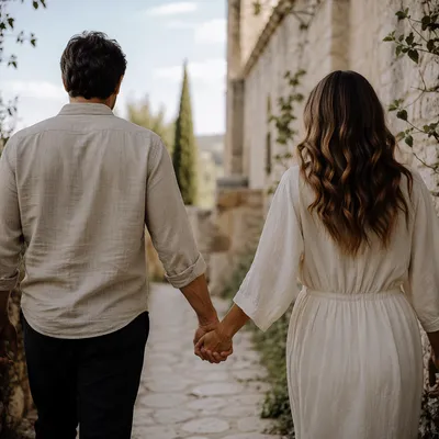Couple Holding Hands by Chapel Garden