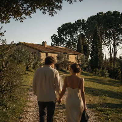 Romantic Couple Walking Through Garden Path
