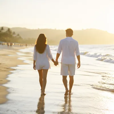 Romantic Couple Walking Hand in Hand at Shore