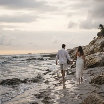 Romantic Couple Walking Along Rocky Shoreline