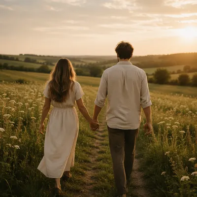 Romantic Couple Walking Countryside Path