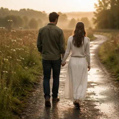 Romantic Couple Walking Hand in Hand
