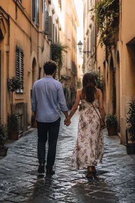 Romantic Couple Walking Through Cobblestone Alley