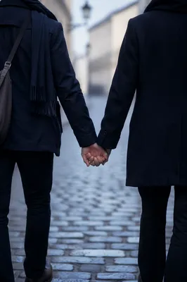 Romantic Couple Holding Hands on Cobblestone Street