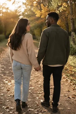 Romantic Couple Walking on Autumn Path