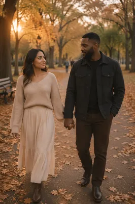 Romantic Couple Walking in Autumn Park