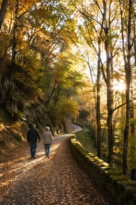 Mature Couple Walking Autumn Forest Path