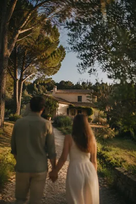 Romantic Couple Walking Through Garden Path
