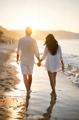 Romantic Couple Walking on Golden Shoreline