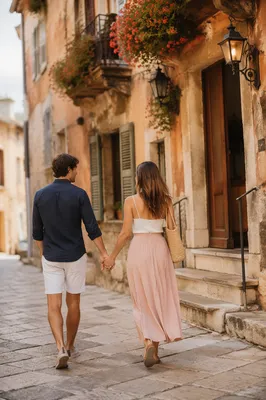 Romantic Couple Walking Old European Street