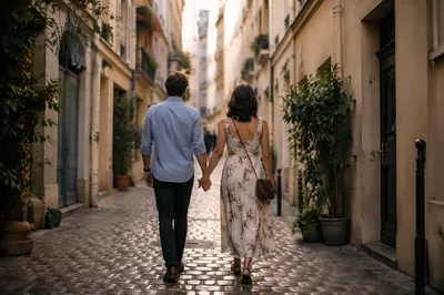 Romantic Couple Walking Through Cobblestone Alley
