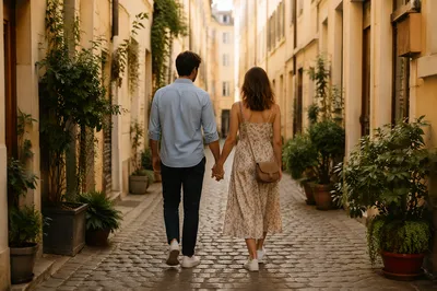 Romantic Couple Walking Hand in Hand