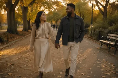 Romantic Couple Walking in Autumn Park