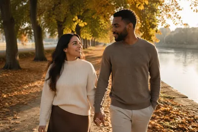 Romantic Couple Walking by Riverside Path