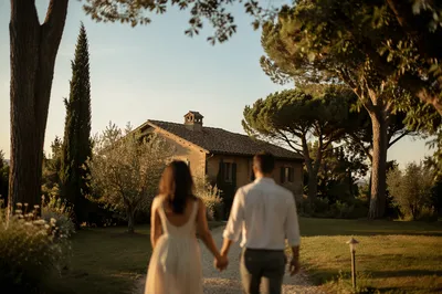 Romantic Couple Walking Through Garden Path