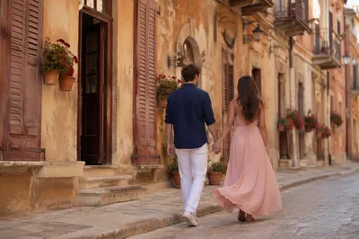 Romantic Couple Walking Through Old Street